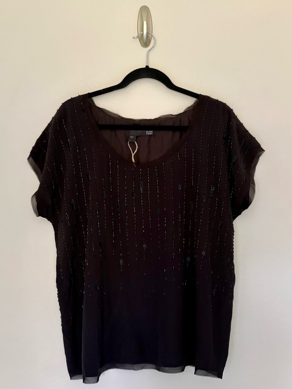 Eileen Fisher Black Beaded Embellished 100% Silk Top NWOT L - flaws